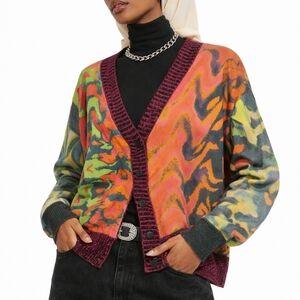 Colorful V Neck Oversized Button Down Cardigan Ribbed Hem Size Small